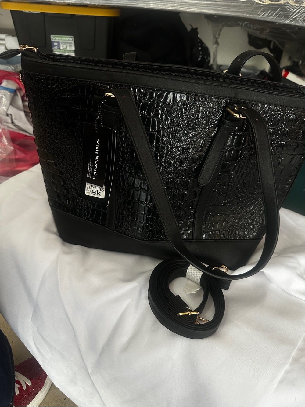 Black Croc-Embossed Tote with Removable Strap